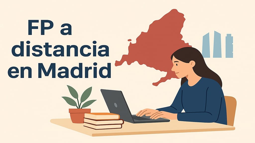 Ilustración de estudiante realizando formación profesional a distancia en Madrid