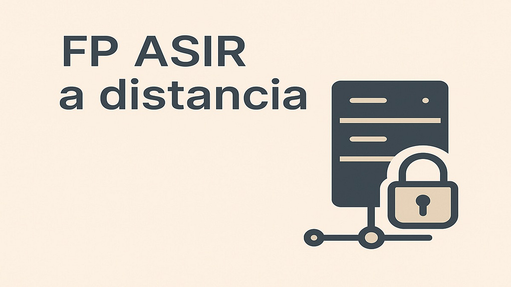 Ilustración minimalista sobre FP ASIR a distancia con icono de servidores y seguridad informática