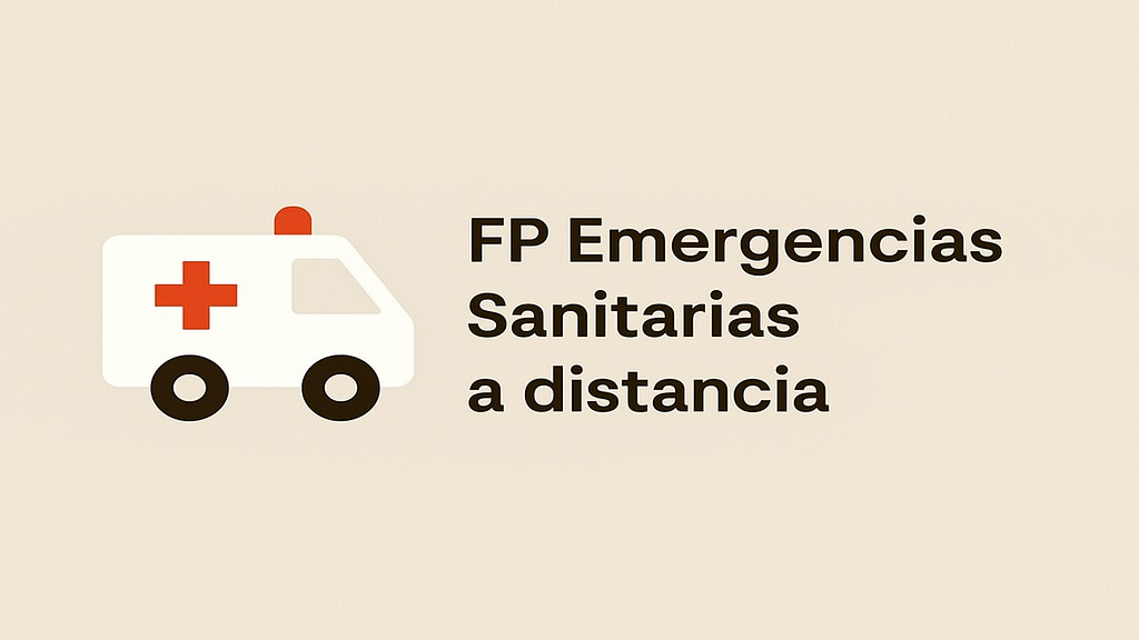 Ilustración minimalista de FP Emergencias Sanitarias a distancia con icono de ambulancia sobre fondo beige