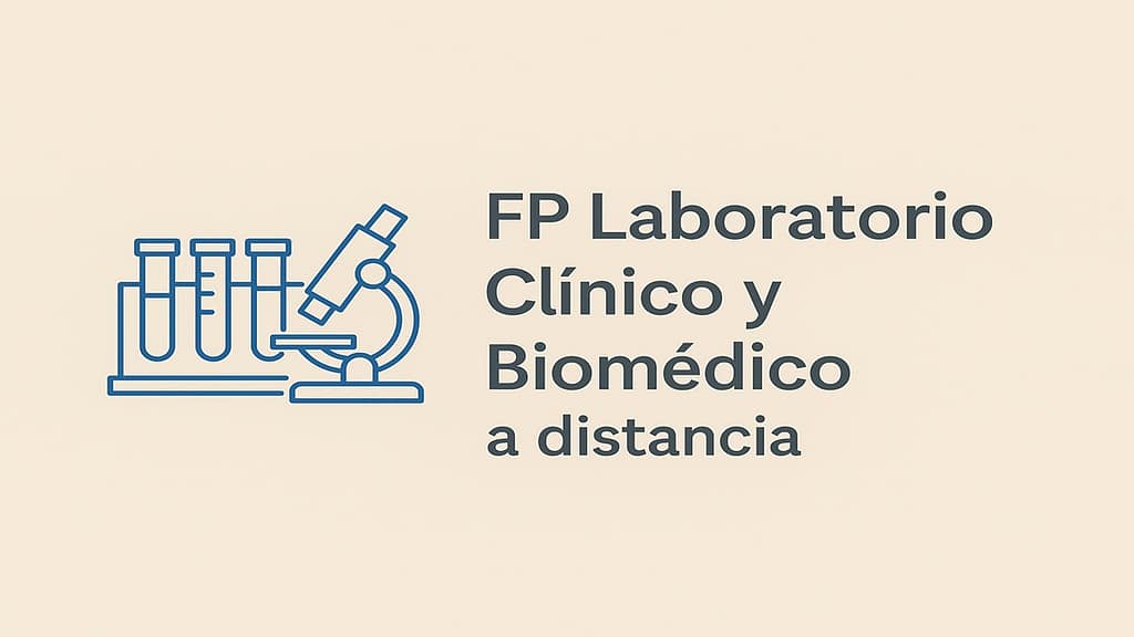 Ilustración minimalista de FP Laboratorio Clínico y Biomédico a distancia con iconos de laboratorio sobre fondo beige