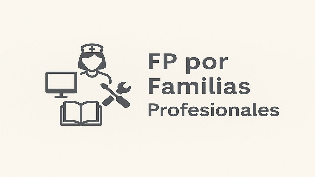 Ilustración minimalista sobre FP por Familias Profesionales con iconos de diferentes especialidades
