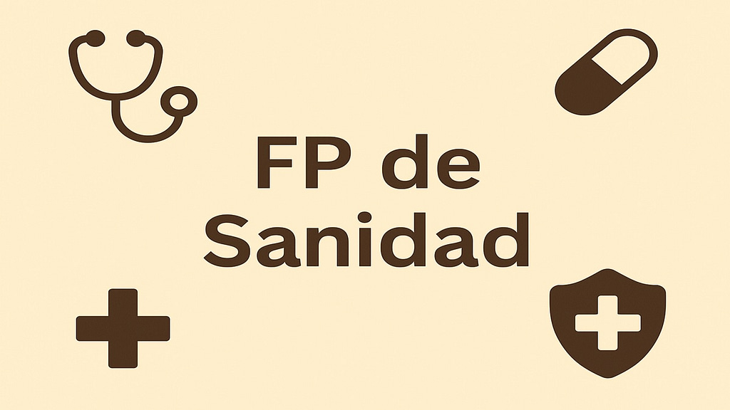 Ilustración minimalista sobre FP de Sanidad con iconos médicos y fondo beige
