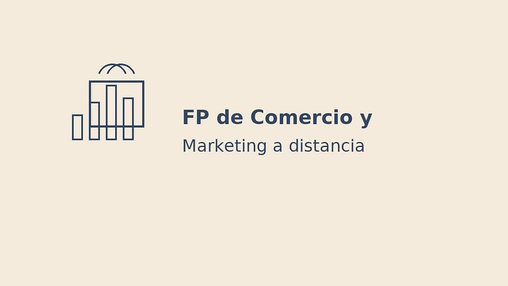 Ilustración minimalista de FP de Comercio y Marketing a distancia con iconos de gráfico y bolsa de compra sobre fondo beige
