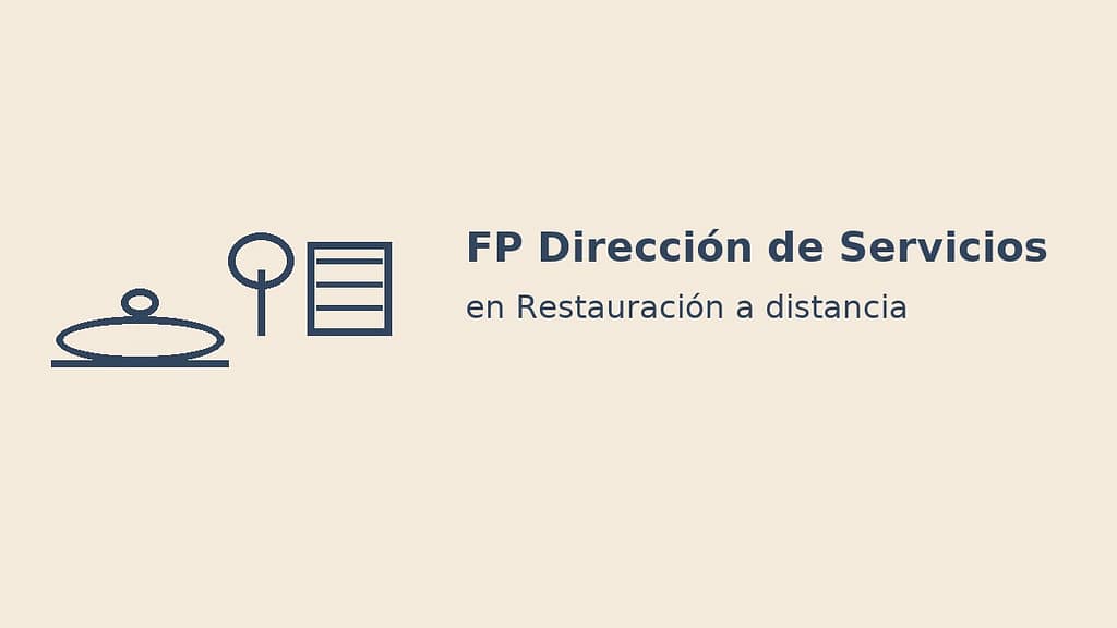 Ilustración minimalista de FP Dirección de Servicios en Restauración a distancia con bandeja copa y menú sobre fondo beige