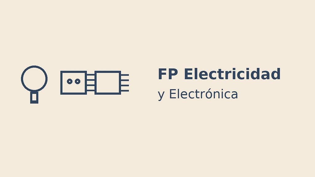 Ilustración minimalista de FP Electricidad y Electrónica con iconos de bombilla enchufe y chip sobre fondo beige