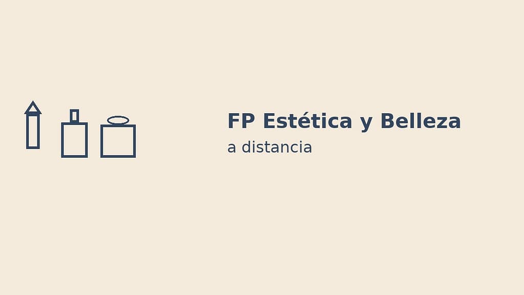 Ilustración minimalista de FP Estética y Belleza a distancia con iconos de brocha esmalte de uñas y crema sobre fondo beige