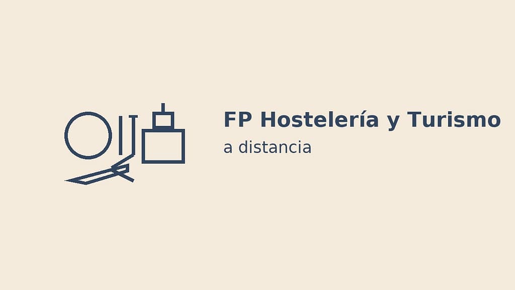 Ilustración minimalista de FP Hostelería y Turismo a distancia con iconos de cocina, viaje y turismo sobre fondo beige