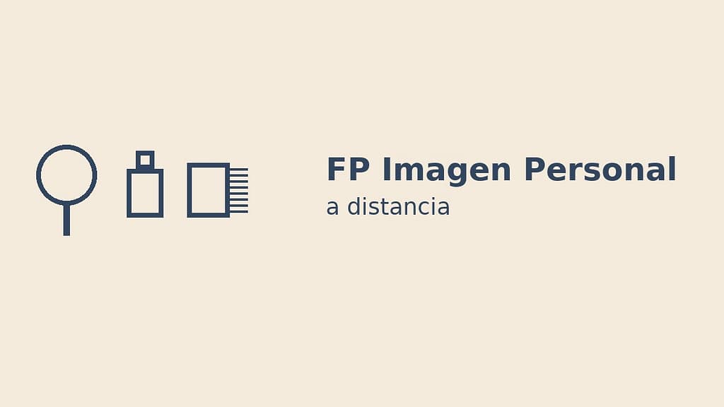 Ilustración minimalista de FP Imagen Personal con iconos de espejo bote de cosmético y peine sobre fondo beige