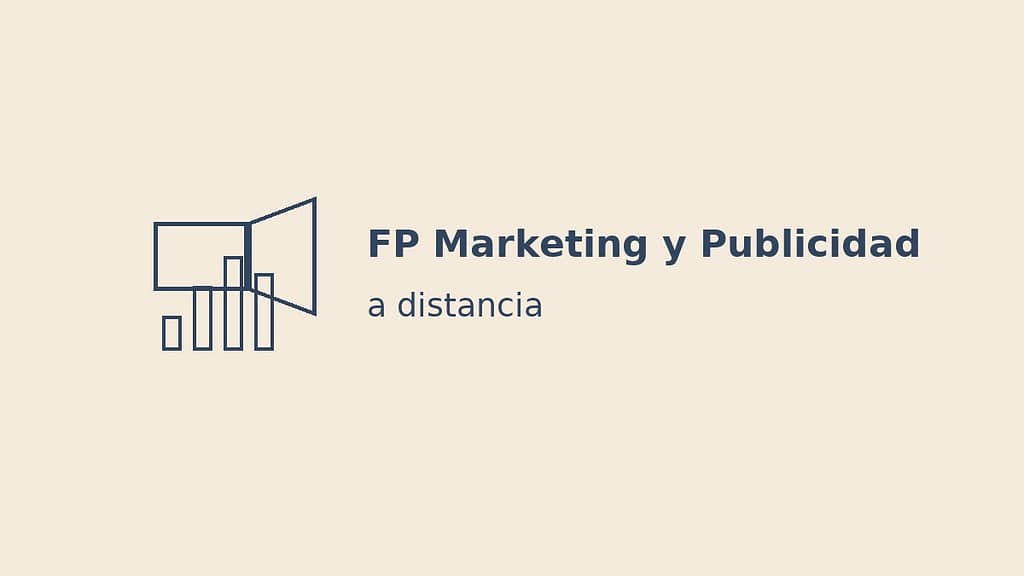 Ilustración minimalista de FP Marketing y Publicidad a distancia con iconos de megáfono y gráfico sobre fondo beige