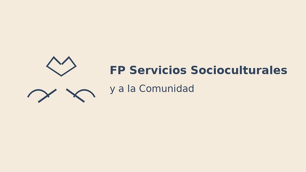 Ilustración minimalista de FP Servicios Socioculturales y a la Comunidad con iconos de corazón y manos sobre fondo beige