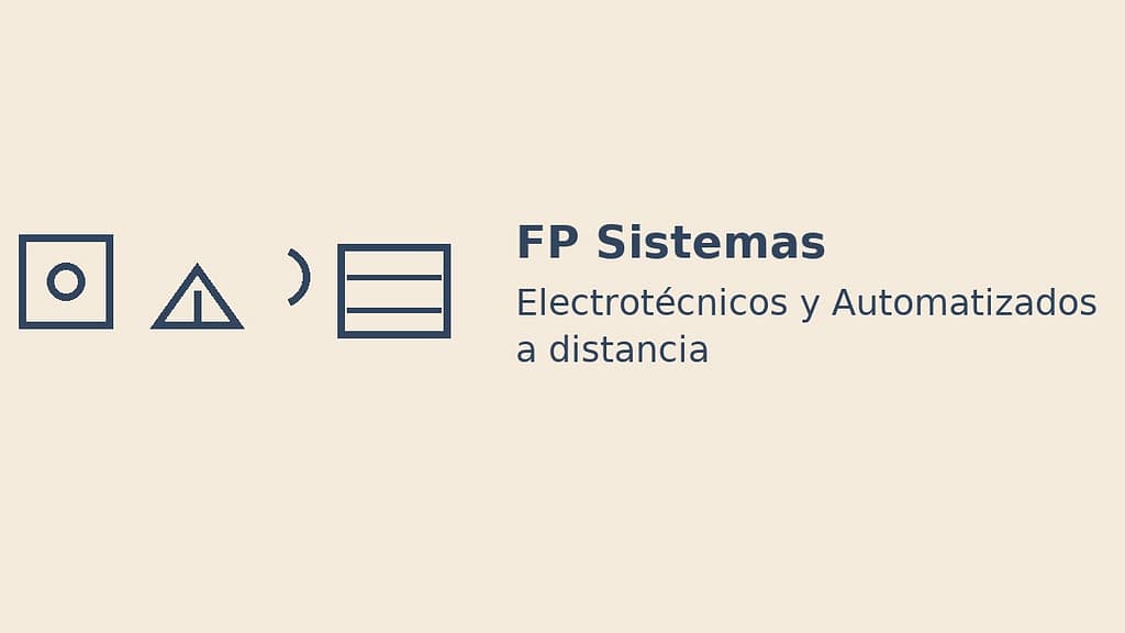 Ilustración minimalista de FP Sistemas Electrotécnicos y Automatizados a distancia con iconos de interruptor domótica y cuadro eléctrico sobre fondo beige
